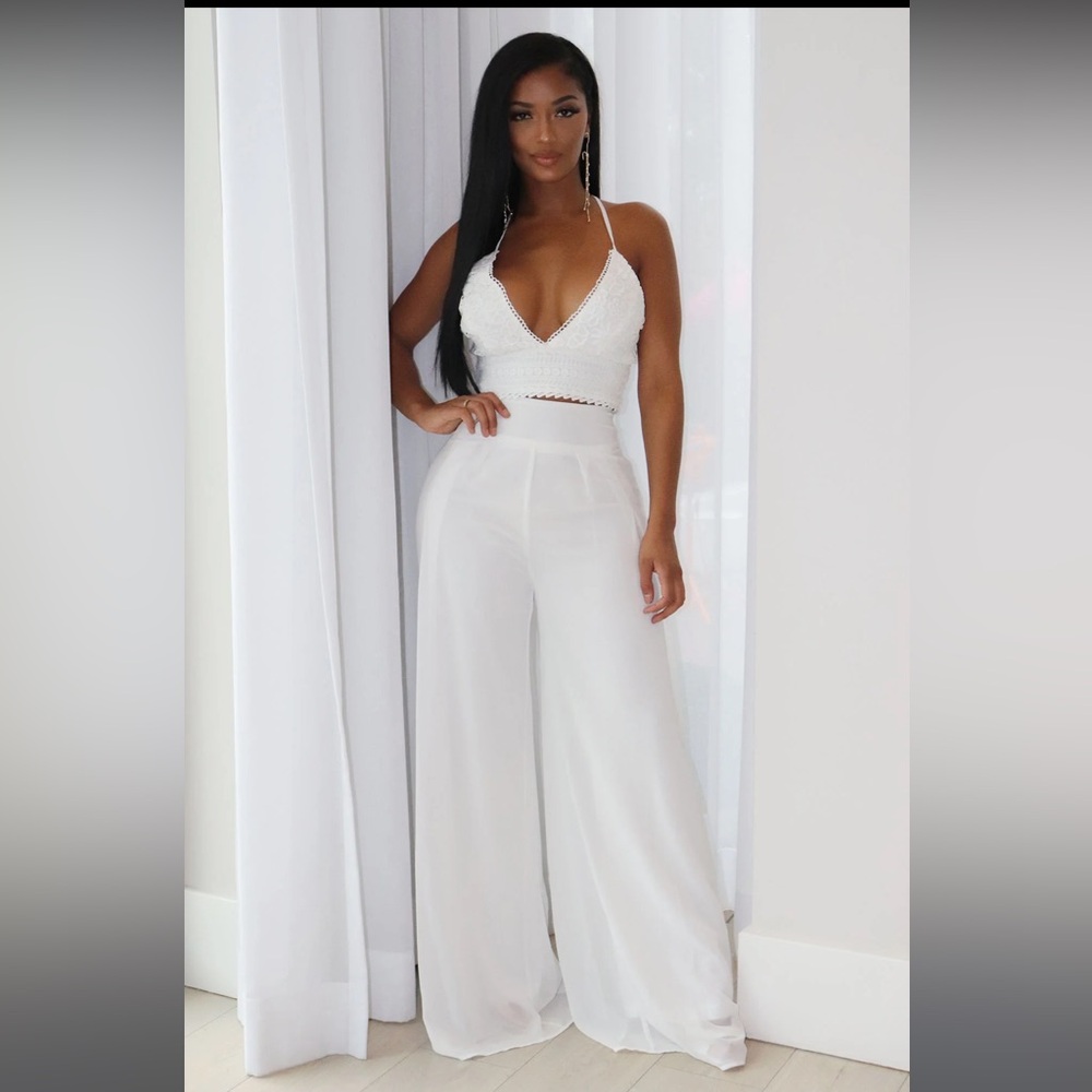 NWT•XL•BOHO CHIC DREAMY WHITE CROCHET TOP & WIDE-LEG PANTS SET•NEW